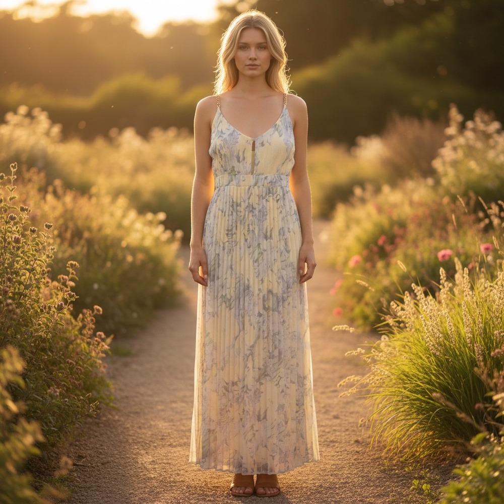 Floral Pleated Maxi Dress Yellow Blue Gold Chain Strap V-Neck Size M